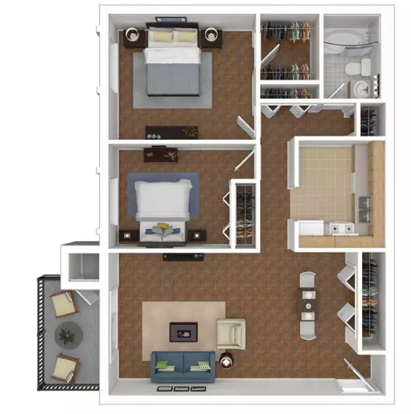 Floor plan for 2 beds, 1 bath, 742 sqft